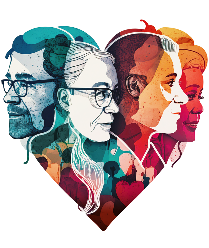 Heart-shaped illustration of leaders' faces from the book cover